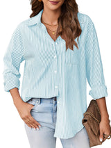 Women's Striped Collared Blouse Tunic Oversized Button Placket – Blue L
