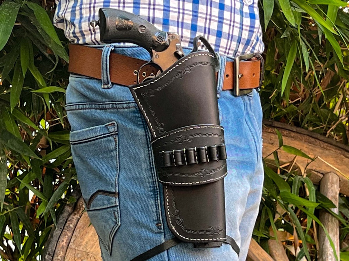 Toc de pistol cowboy din piele cu suport muniție pentru revolvere 9mm/.38/.357/.40 și 4–8 inch – Universal