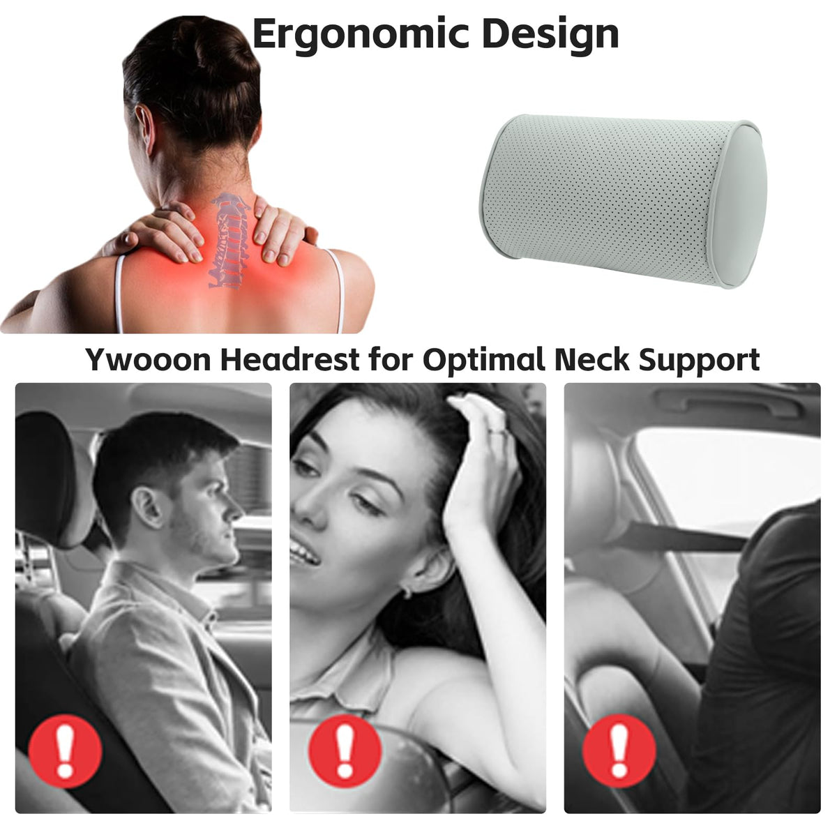 Memory Foam Car Neck Pillow Adjustable Leather Cover for Headrest – Grey