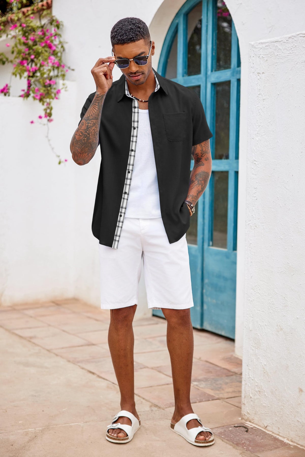 Cămașă casual de plajă bărbați lejeră cu mânecă scurtă și buzunar – Negru XL