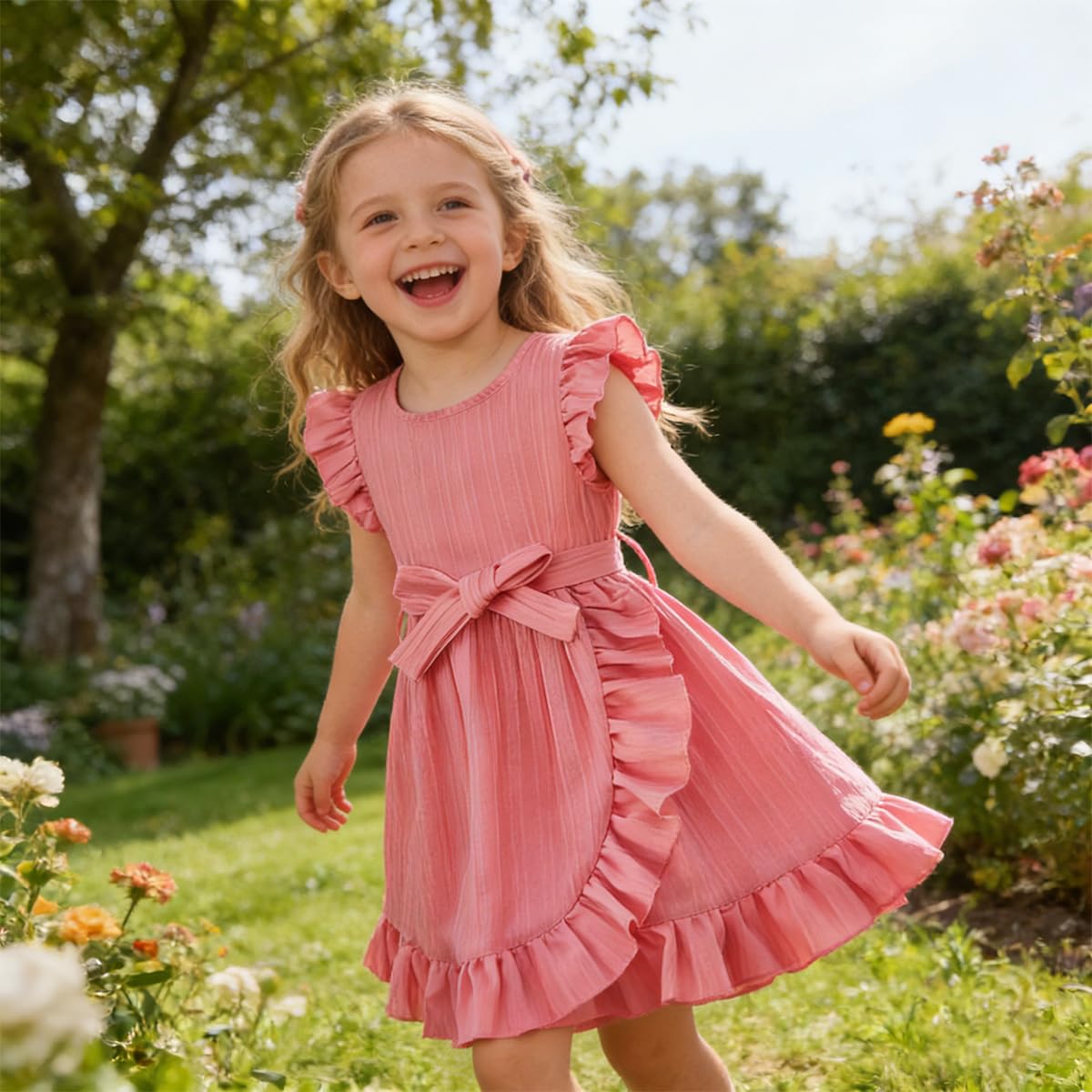Girls' A-Line Dress Bowknot Ruffle Short Sleeve – Pink 122