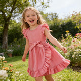 Girls' A-Line Dress Bowknot Ruffle Short Sleeve – Pink 122