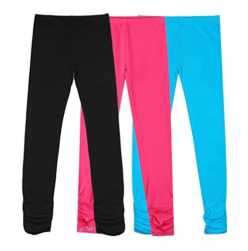 Girls' Knit Cotton Stretch Leggings Pack of 3 – Black Pink Blue 12