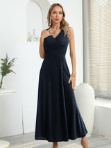 Rochie lungă de seară elegantă petrecută cu decolteu în V și crăpătură – Bleumarin XS