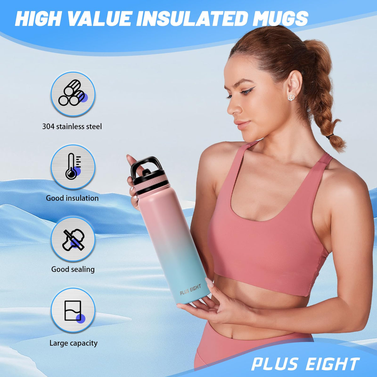 Stainless Steel Water Bottle 1000ml Leakproof Straw Lid Anti-Dust – Pink/Blue