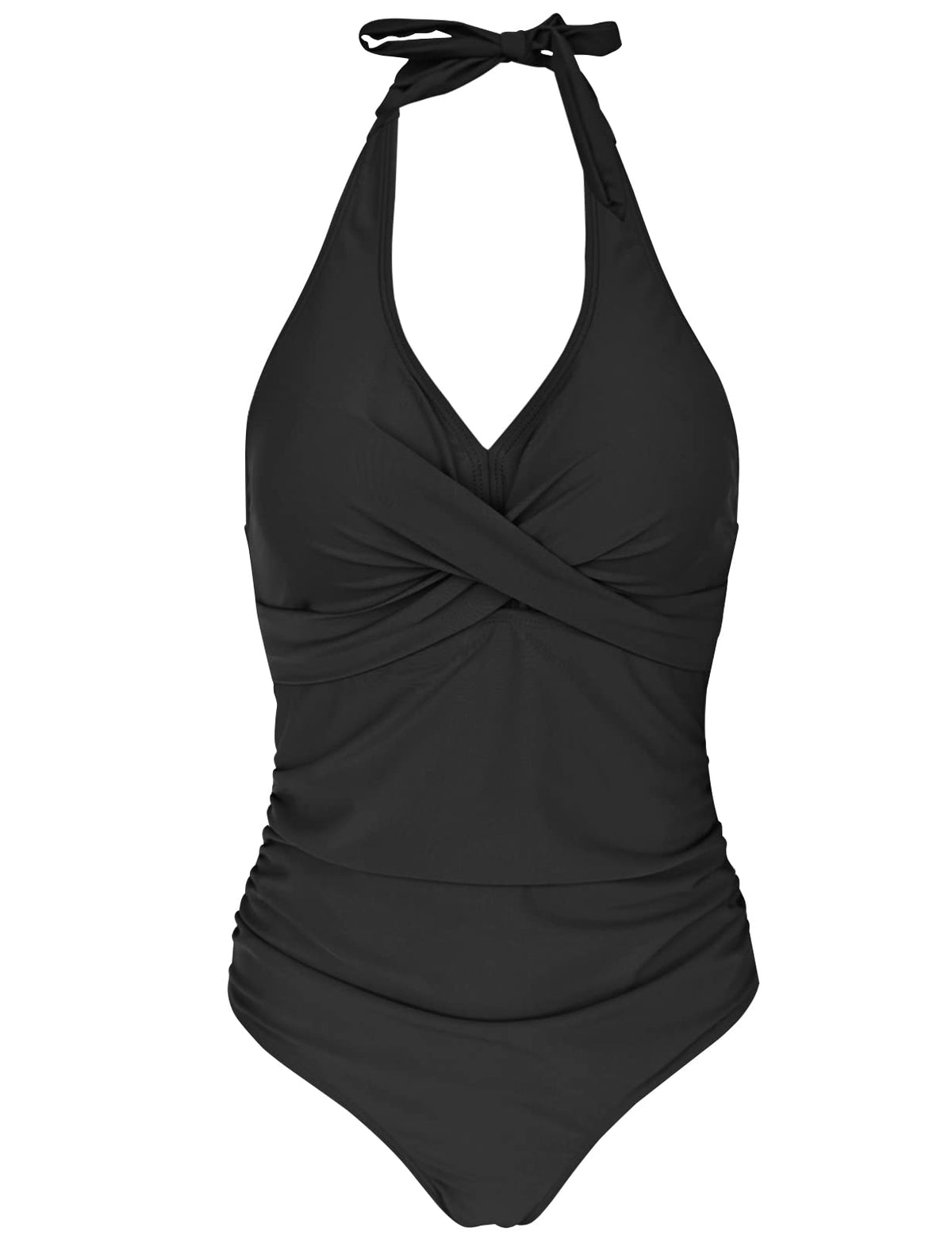 Voqeen Women One Piece Swimsuit Tummy Control Ruched Swimwear Halter V Neck Push Up Padded Bathing Suit Monokinis
