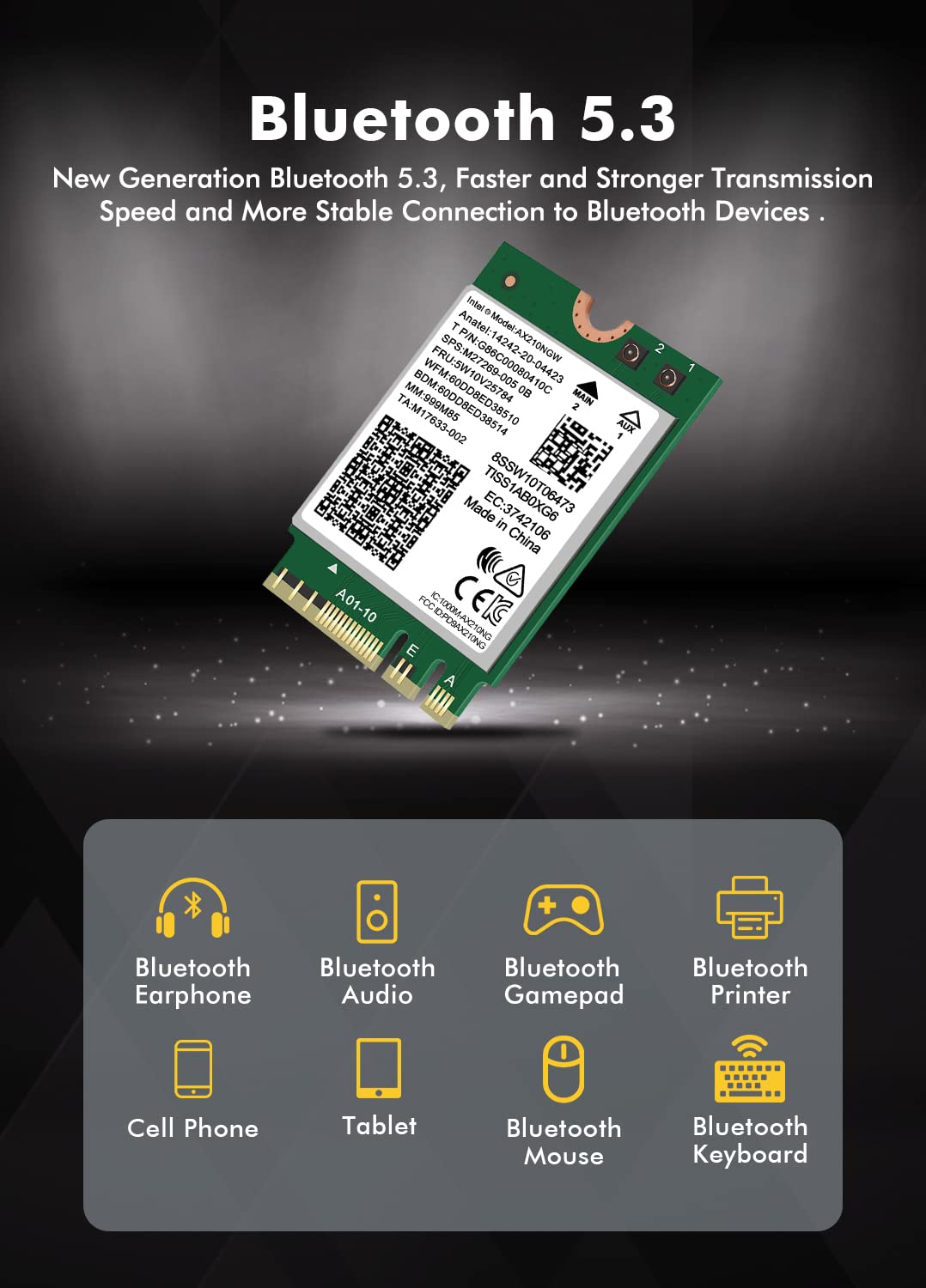 Placă de rețea wireless WiFi 6E Intel AX210 NGW cu Bluetooth 5.2 Tri-Band 5400Mbps – M.2/NGFF