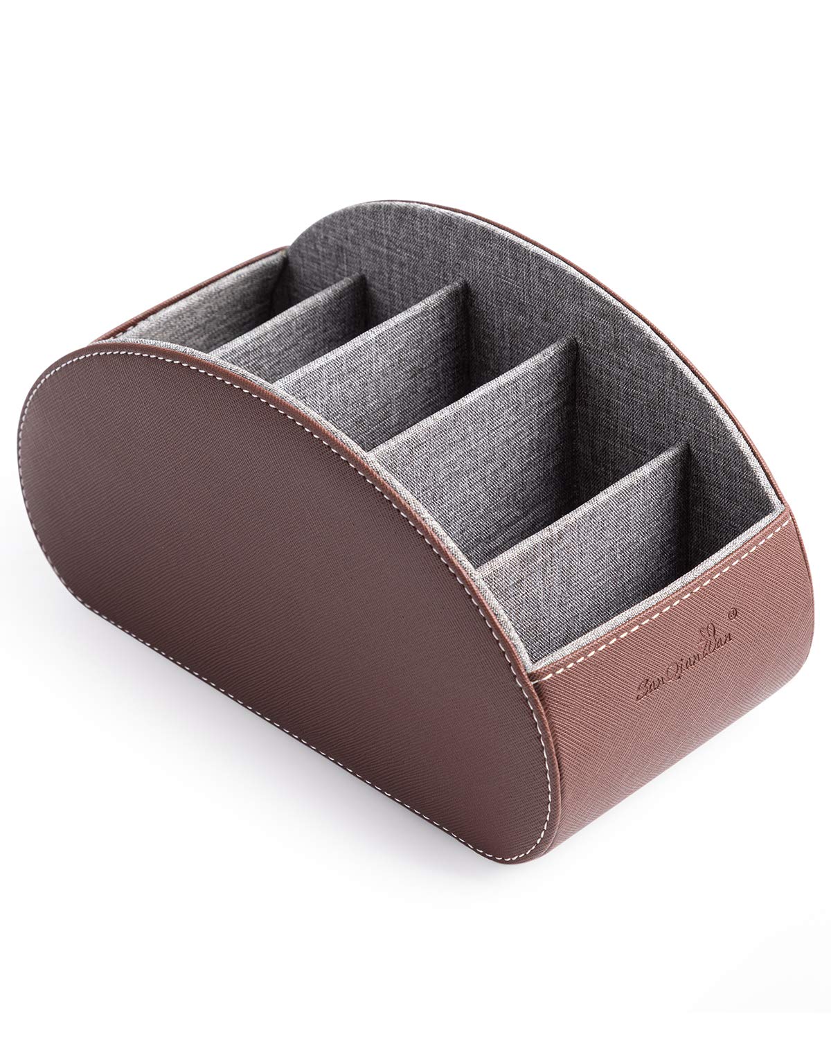 Remote Control Holder PU Leather Storage Box with 5 Compartments – Brown