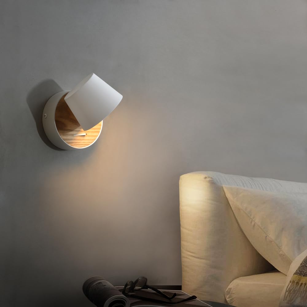 Aplică de perete reglabilă 360° cu întrerupător 5W LED design industrial din lemn și metal ouglres – Alb