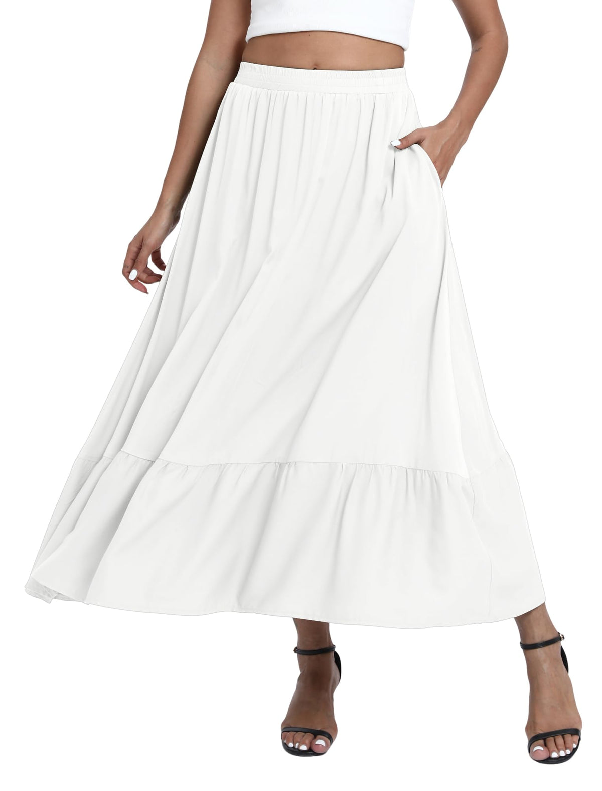 Women's Boho Ruffled A-Line Maxi Skirt Elastic Waist with Pockets – White S