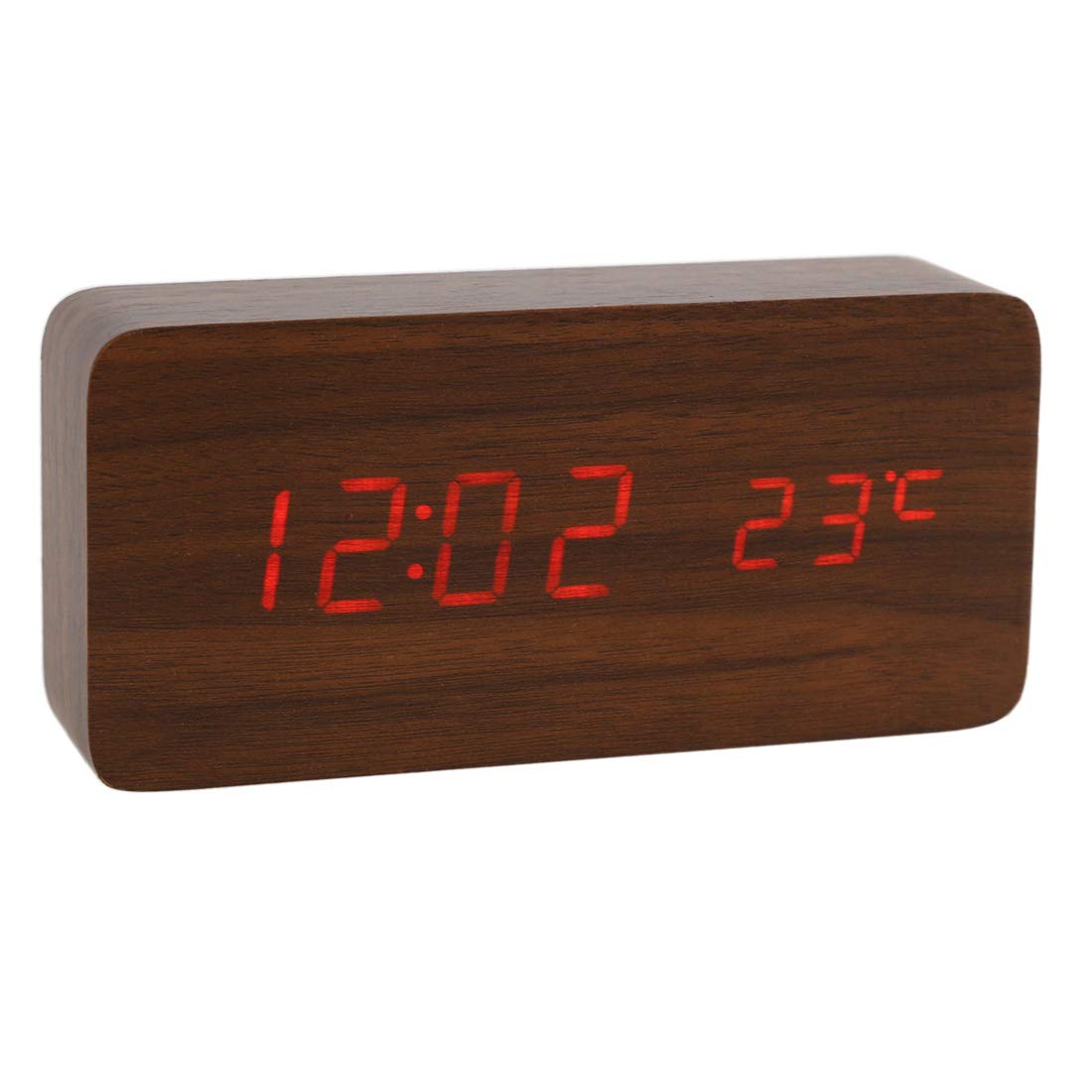 Lancoon Wooden Digital Clock - Multifunctional LED Alarm Clock with Time/Date/Temperature Display and Voice Control for Home Office Travel - AC11Brown_Red