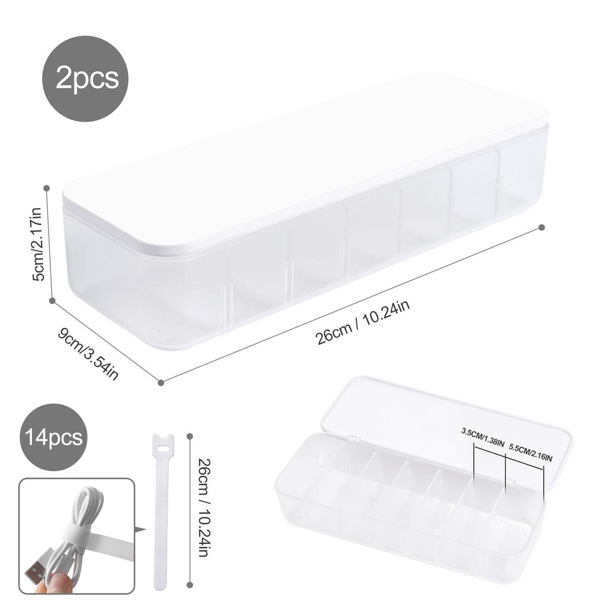 FRETONBA Cable Storage Box 2 Pack, Transparent Cable Organizer Box with 7 Compartments and 14 Cable Ties for Storage on the Desk (Office)