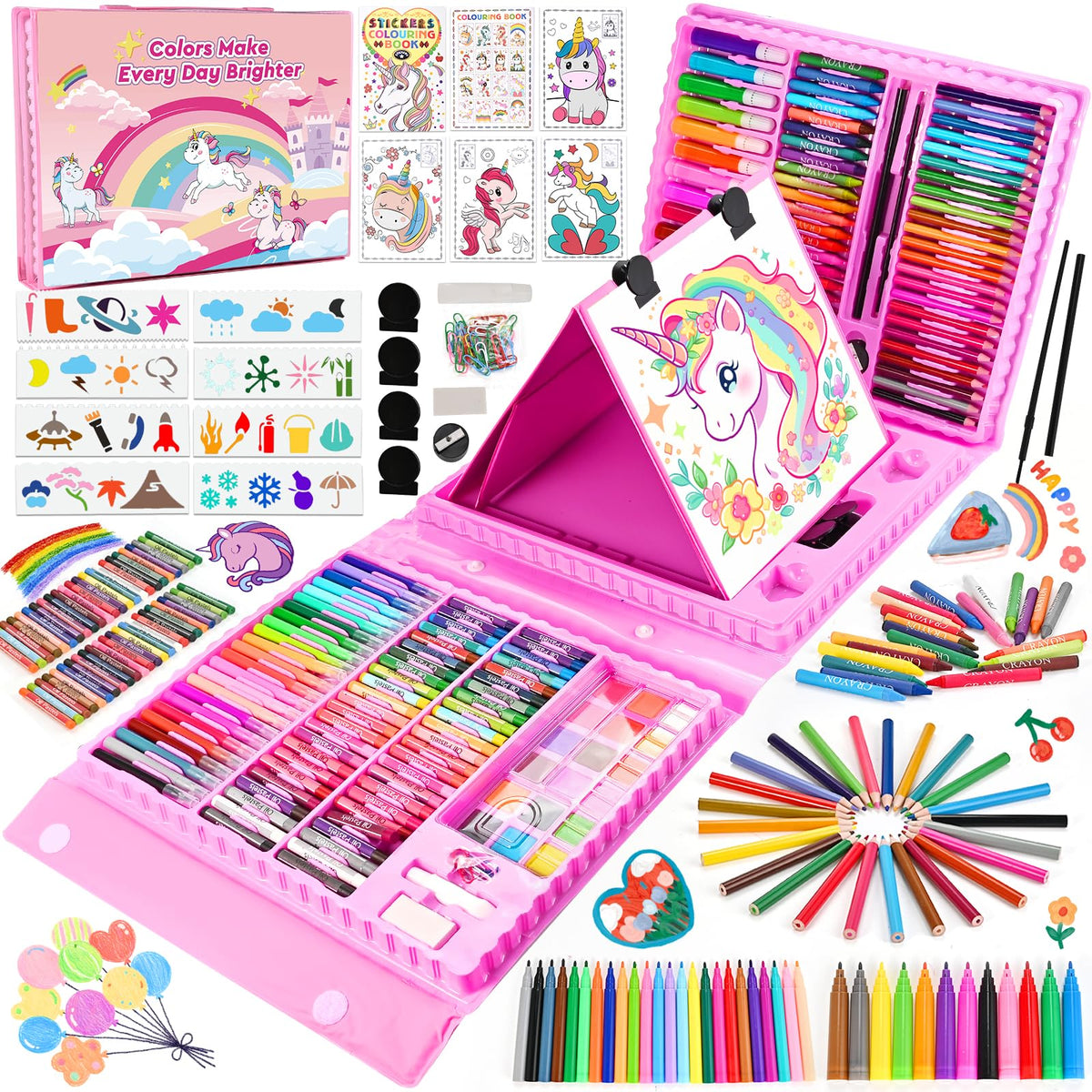 Children's 230+ Piece Colouring & Drawing Case with Oil Pastels & Watercolour Pens – Unicorn Ages 3–10