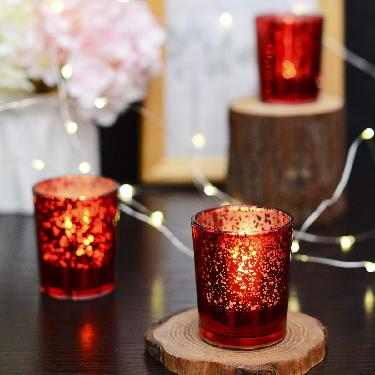 FUND AMLIGHT red tealight glasses set of 12, spotted tealight holder glass, table decoration votive candle holder, candle glasses for tealight decoration, centerpieces for wedding, banquet, business reception, ceremony.