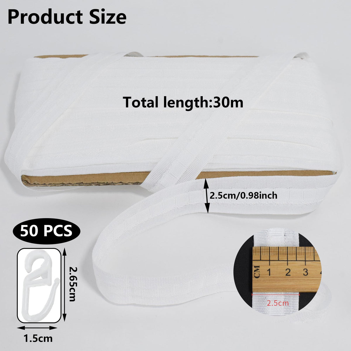 Rejansă pentru perdele și draperii 30m x 2.5cm cu 50 cârlige de prindere – Alb