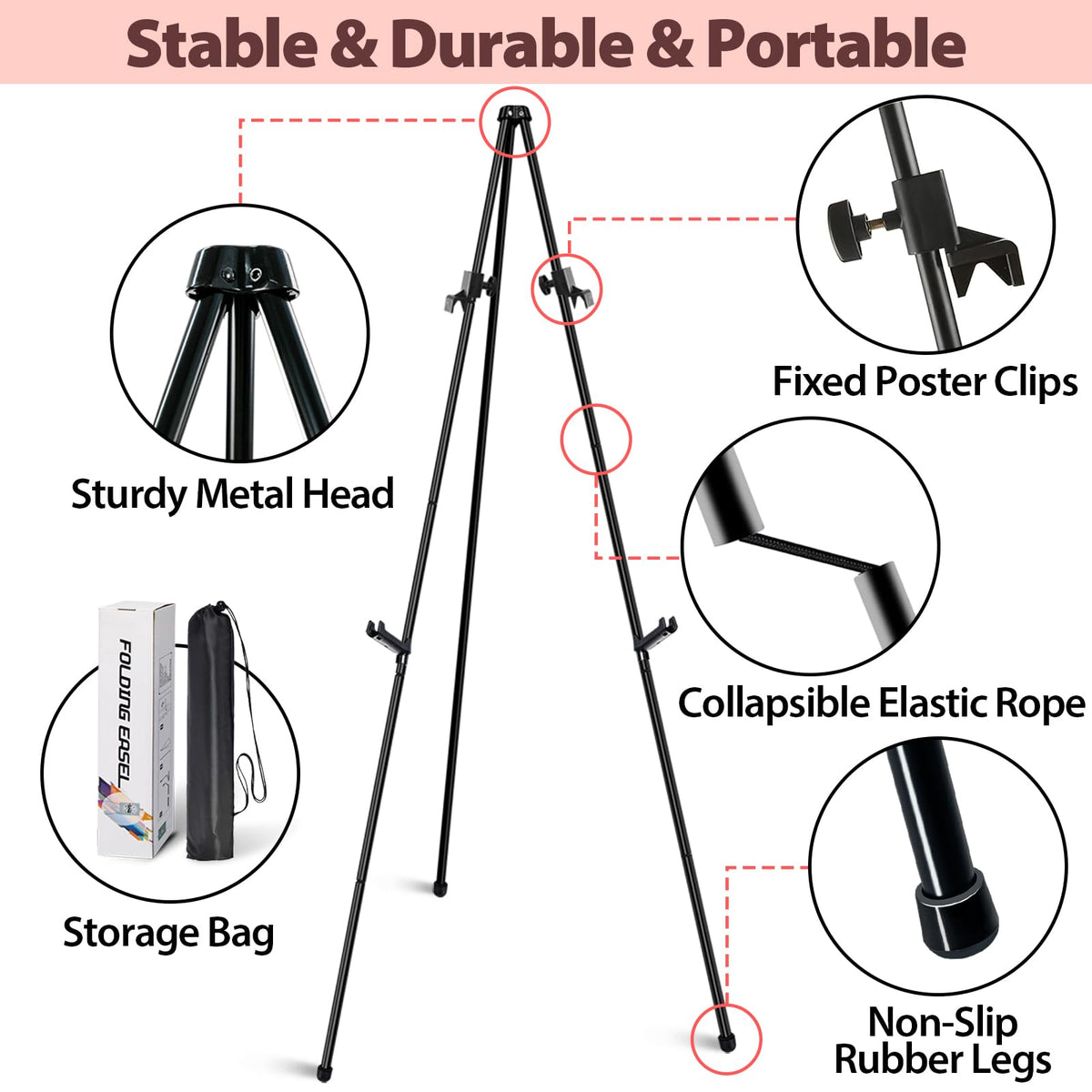 VAIIGO Metal Easel 168cm, Foldable & Height-Adjustable - Poster Easel Stand with Clamps for Weddings/Poster Displays with Bag (Black 01, 1 Piece)