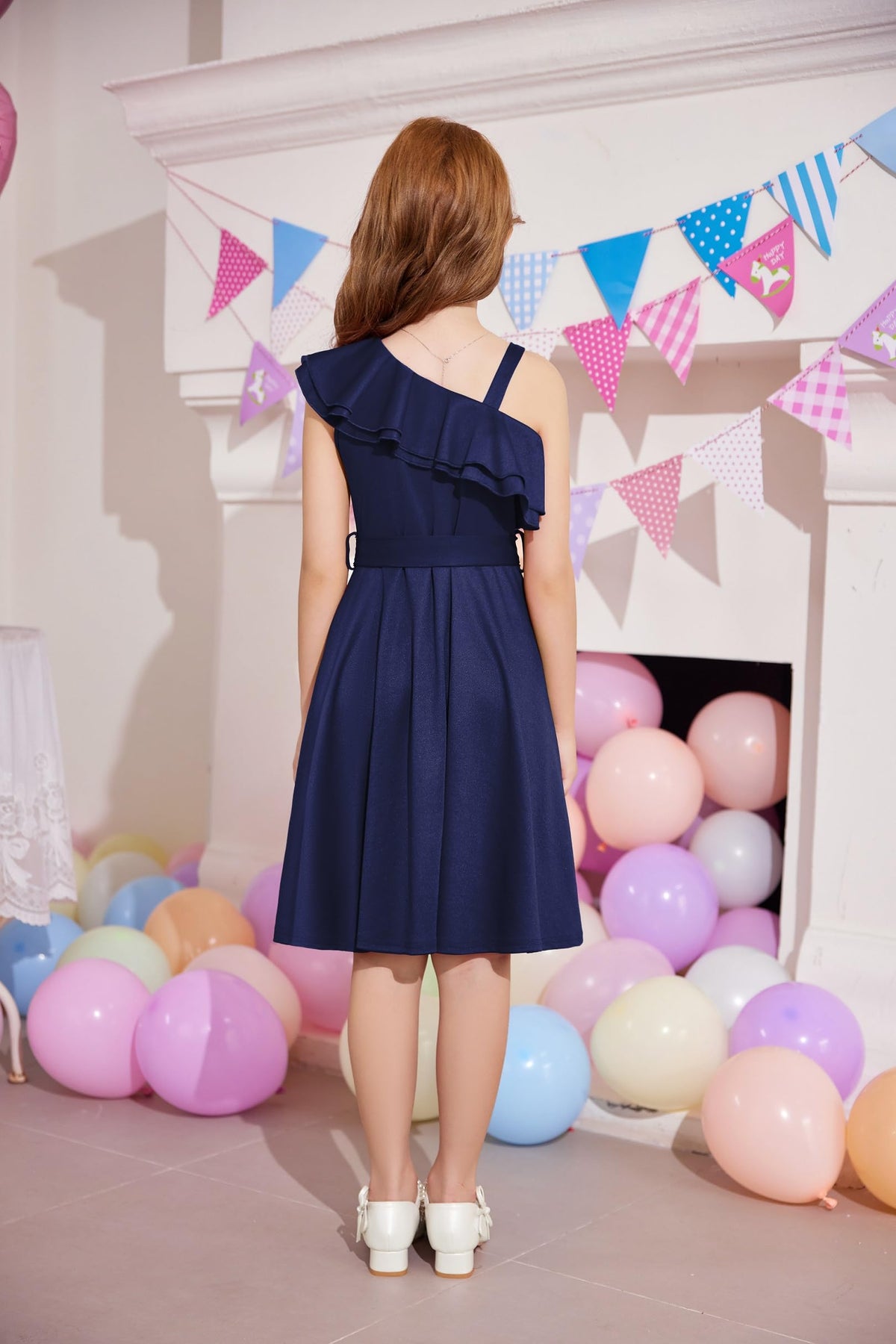 Girls' One-Shoulder Party Dress Ruffle Collar with Belt – Navy 9-10 Years