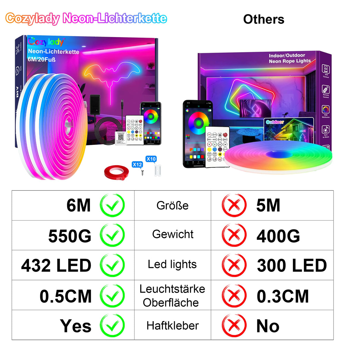 Cozylady 6M RGB Neon LED Strip, Flexible Strips with strong double-sided adhesive tape, 24V LED light ropes with app/remote control applicable to bedroom, room & outdoor decoration.