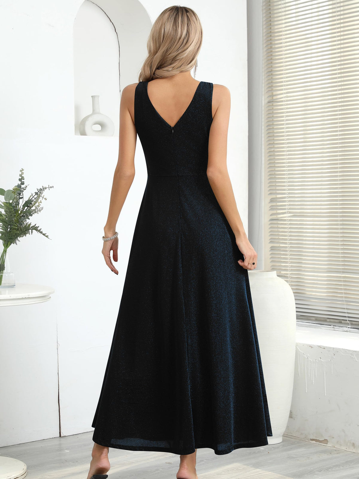 Rochie lungă de seară elegantă petrecută cu decolteu în V și crăpătură – Albastru-Negru XXL