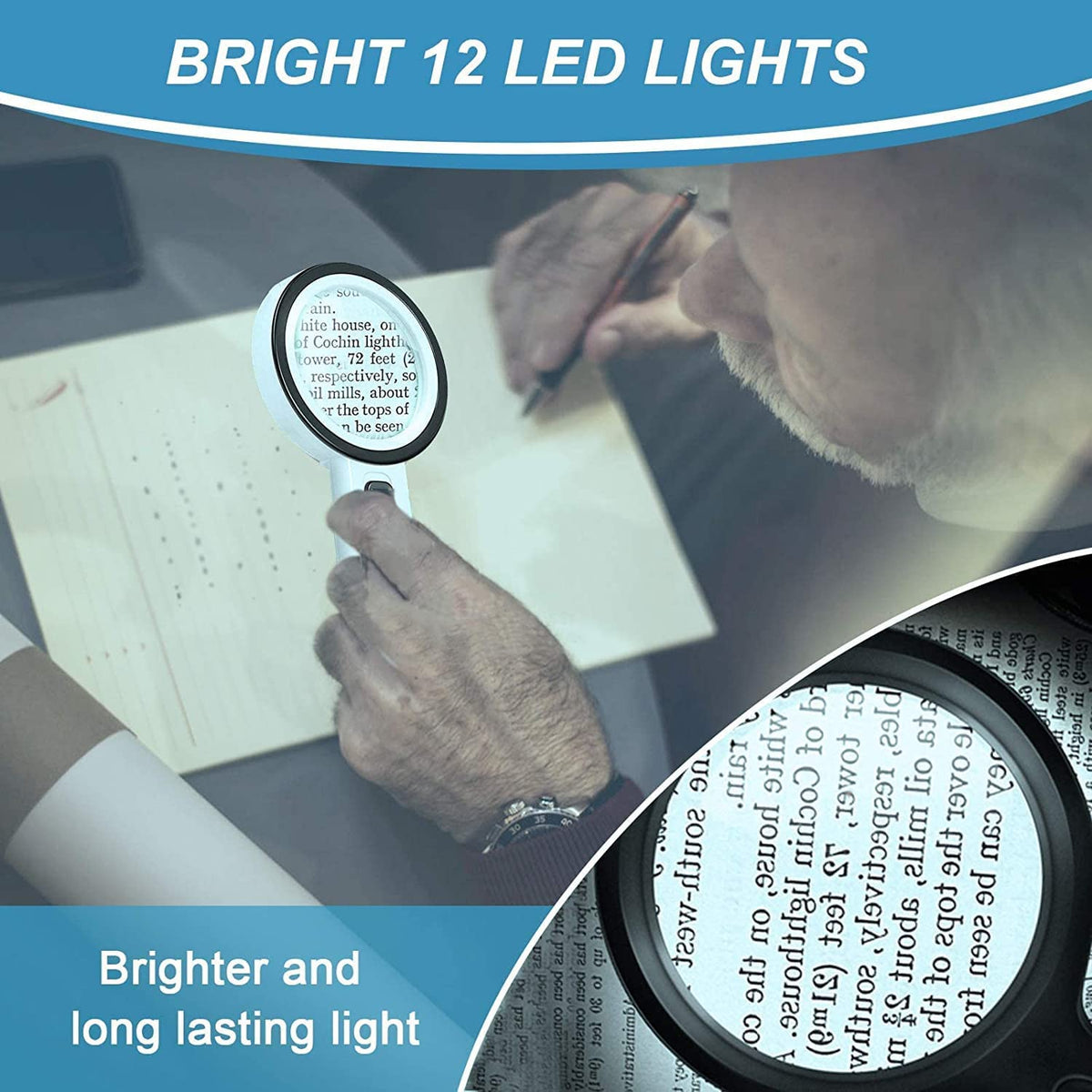 Magnifying Glass with 12 LED Light - 30X Handheld Magnifying Glass Reading Magnifier, High Clarity & Lightweight, for Seniors, Children, Jewelers, Hobbies