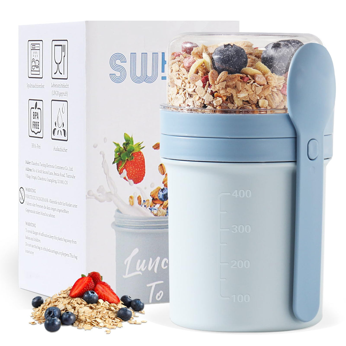 Muesli Cup to Go 450ml+250ml Leak-Proof with Spoon – Nordic Blue