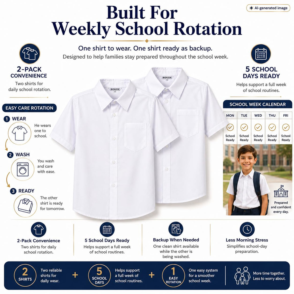 Boys' Dress Shirt 2-Pack Cotton School Uniform Formal – White Size 8