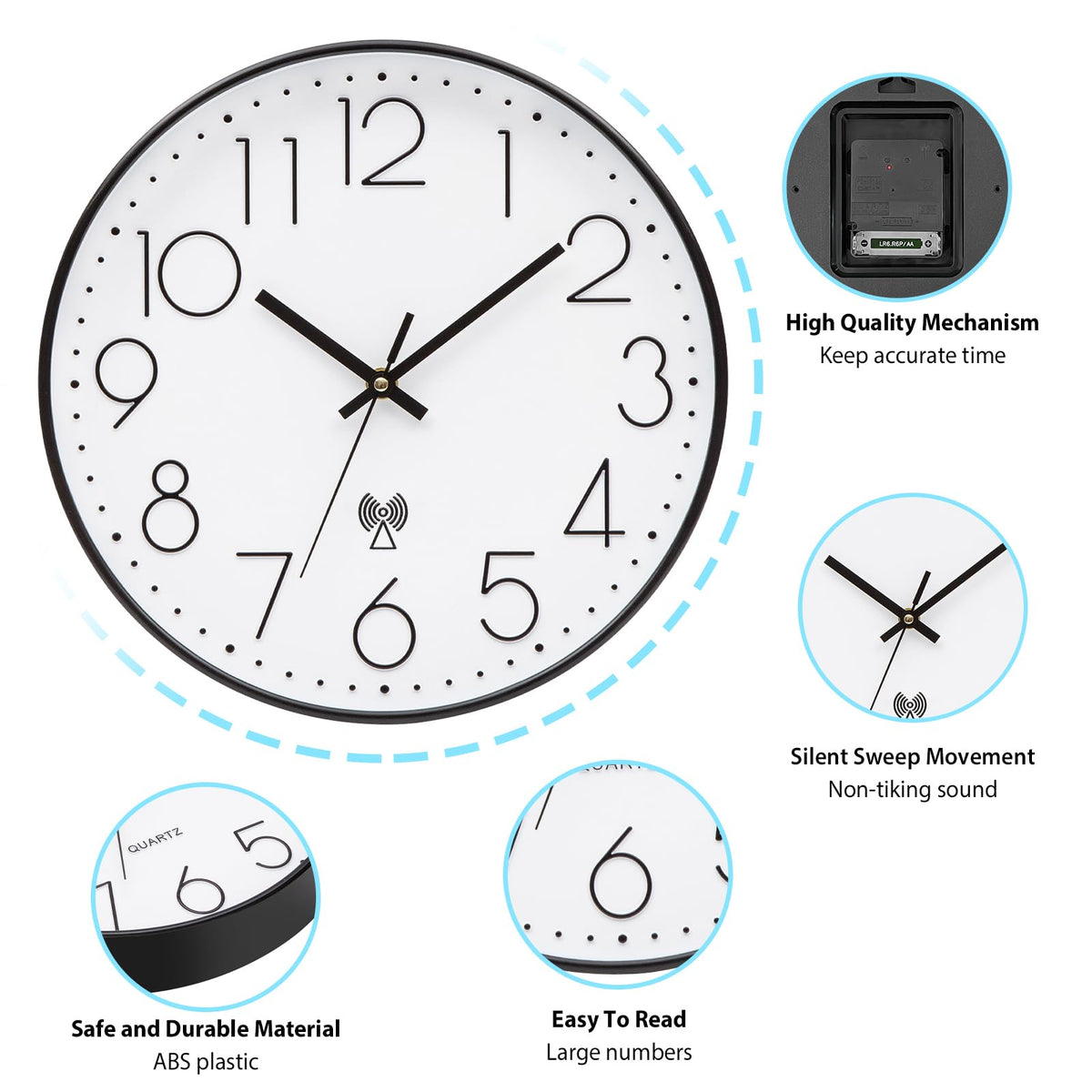 VIVILINEN radio-controlled clock, silent wall clock without ticking noise, modern radio-controlled wall clock, silent wall clock, non-ticking hanging clock for living room, bedroom, office, kitchen, 30 x 30 cm / 12 inches (black and white-2)