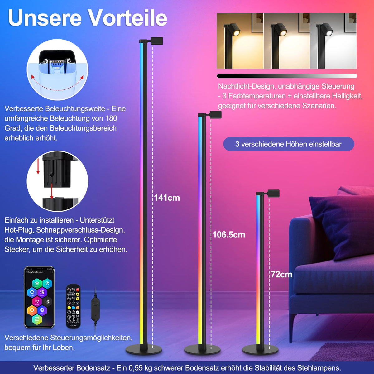 RGBIC LED Floor Lamp 140cm Detachable Dimmable 16M Colours App Control 180° Illumination – Black