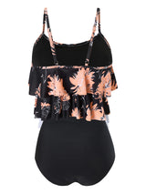 Women's Two-Piece Tankini Swimsuit High-Waist Shorts Double Ruffle Floral – Black S