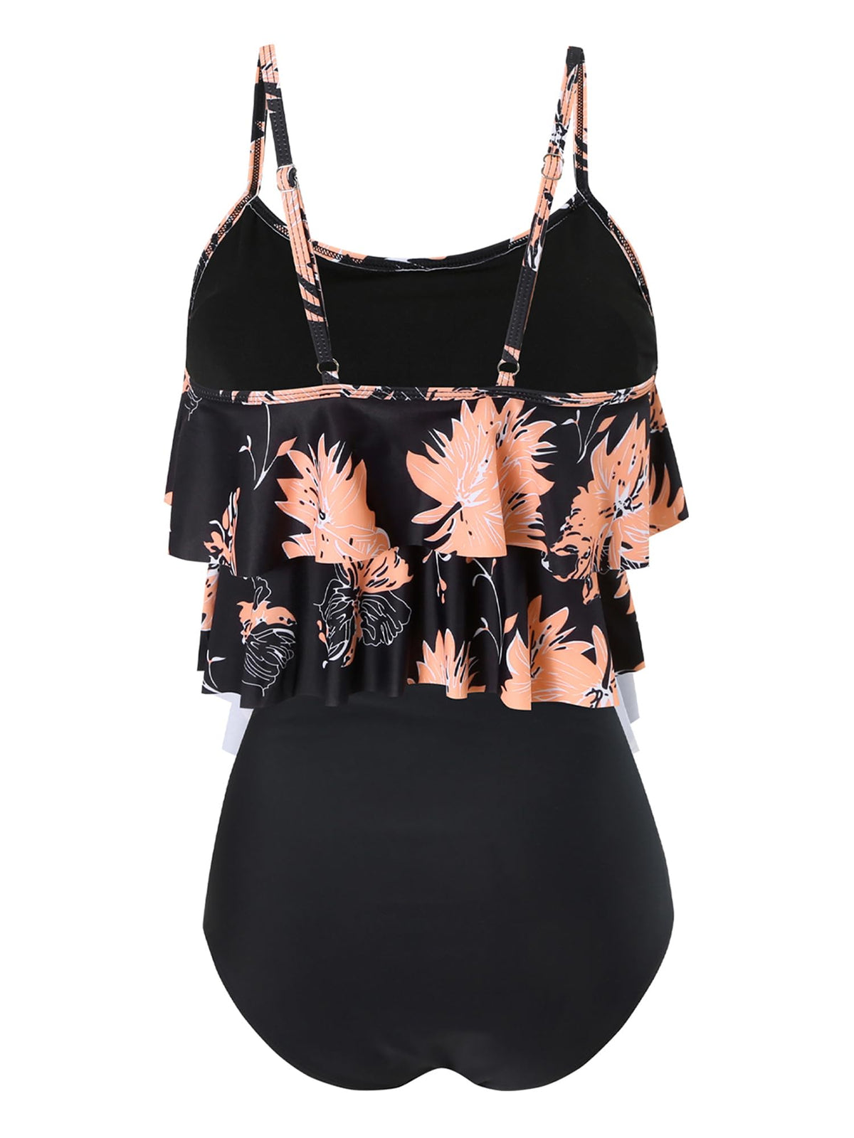 Women's Two-Piece Tankini Swimsuit High-Waist Shorts Double Ruffle Floral – Black S