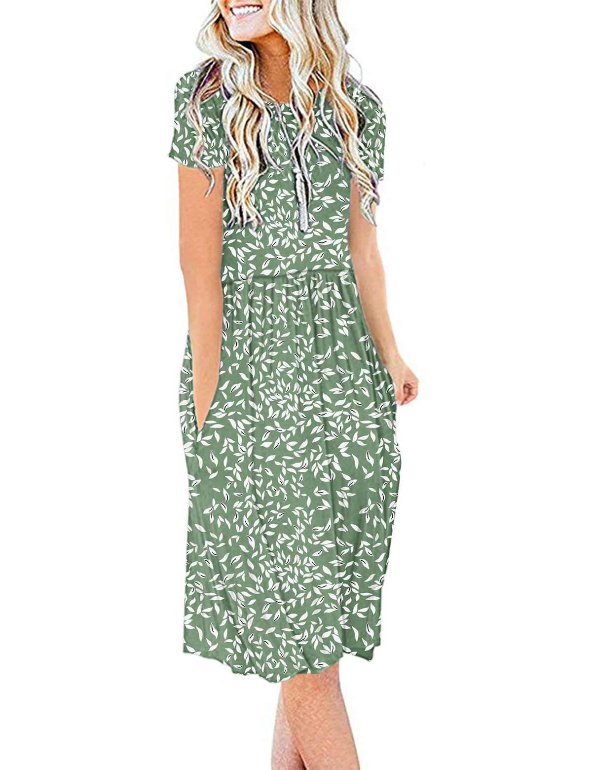 Women’s Knee-Length Short-Sleeve Summer Dress Casual – Olive Green M