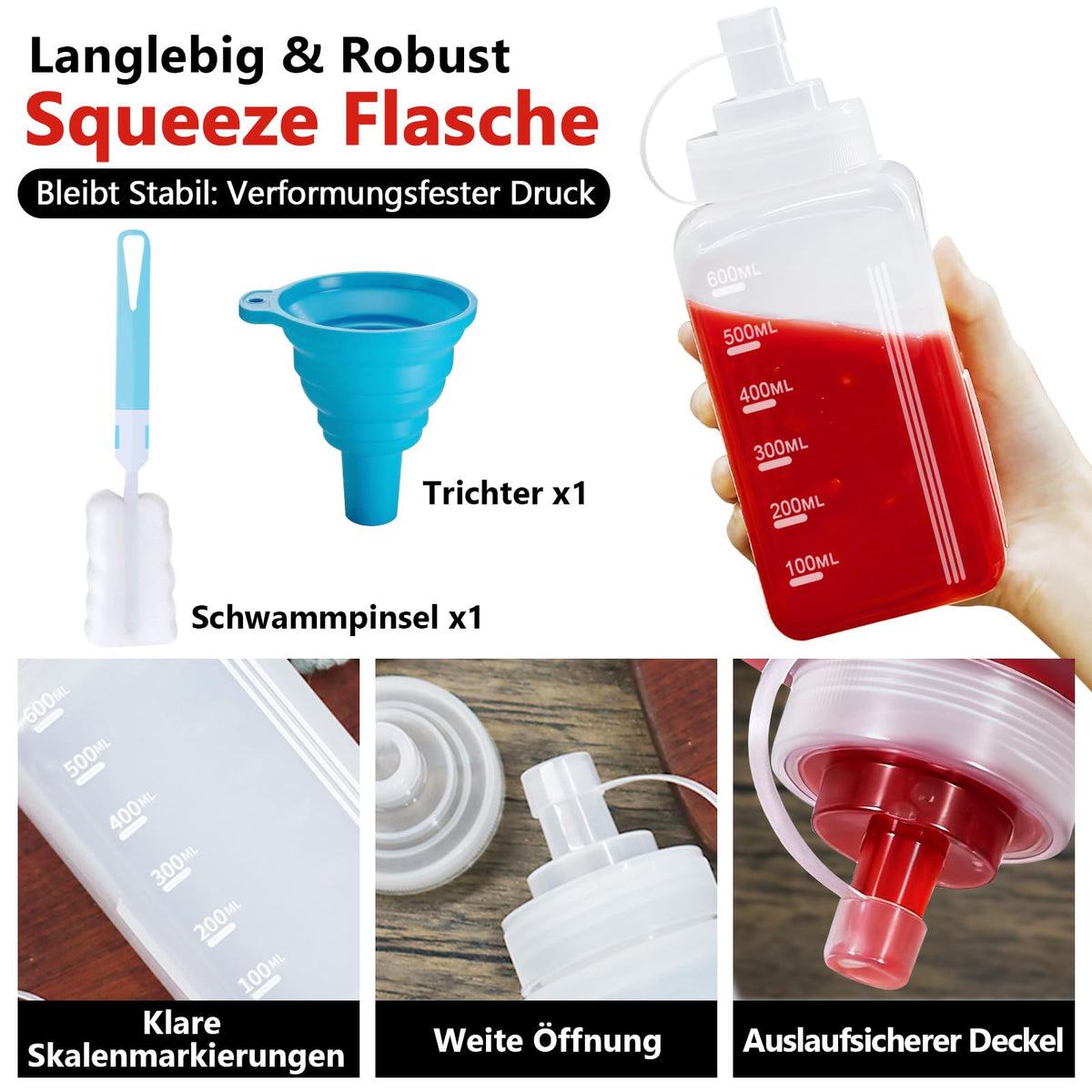 Squeeze Bottles Wide-Mouth 600ml 4-Pack Dispensing Bottles – Clear 600ml