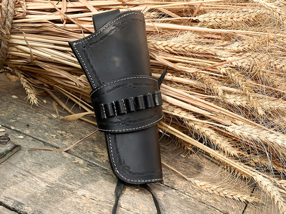 Toc de pistol cowboy din piele cu suport muniție pentru revolvere 9mm/.38/.357/.40 și 4–8 inch – Universal