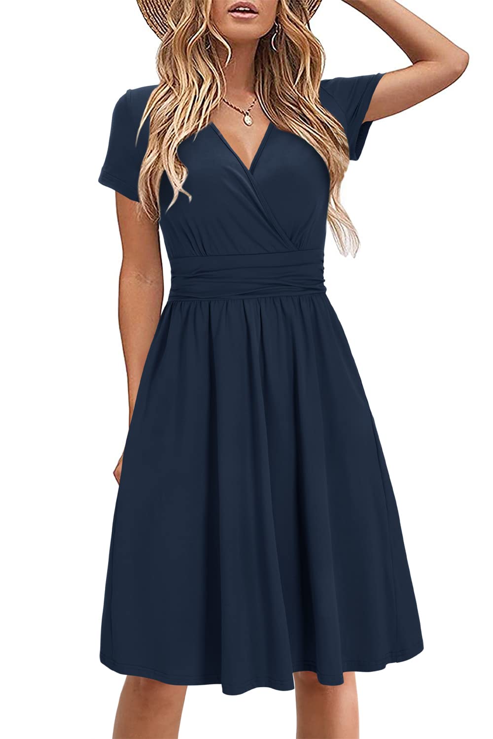 STYLEWORD Women's Summer Dress Short Sleeve V-Neck Dresses Solid Color Dress Beach Dress With Pockets (Navy, Small)