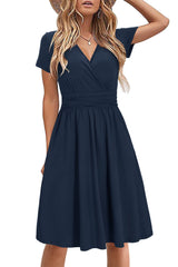 STYLEWORD Women's Summer Dress Short Sleeve V-Neck Dresses Solid Color Dress Beach Dress With Pockets (Navy, Small)