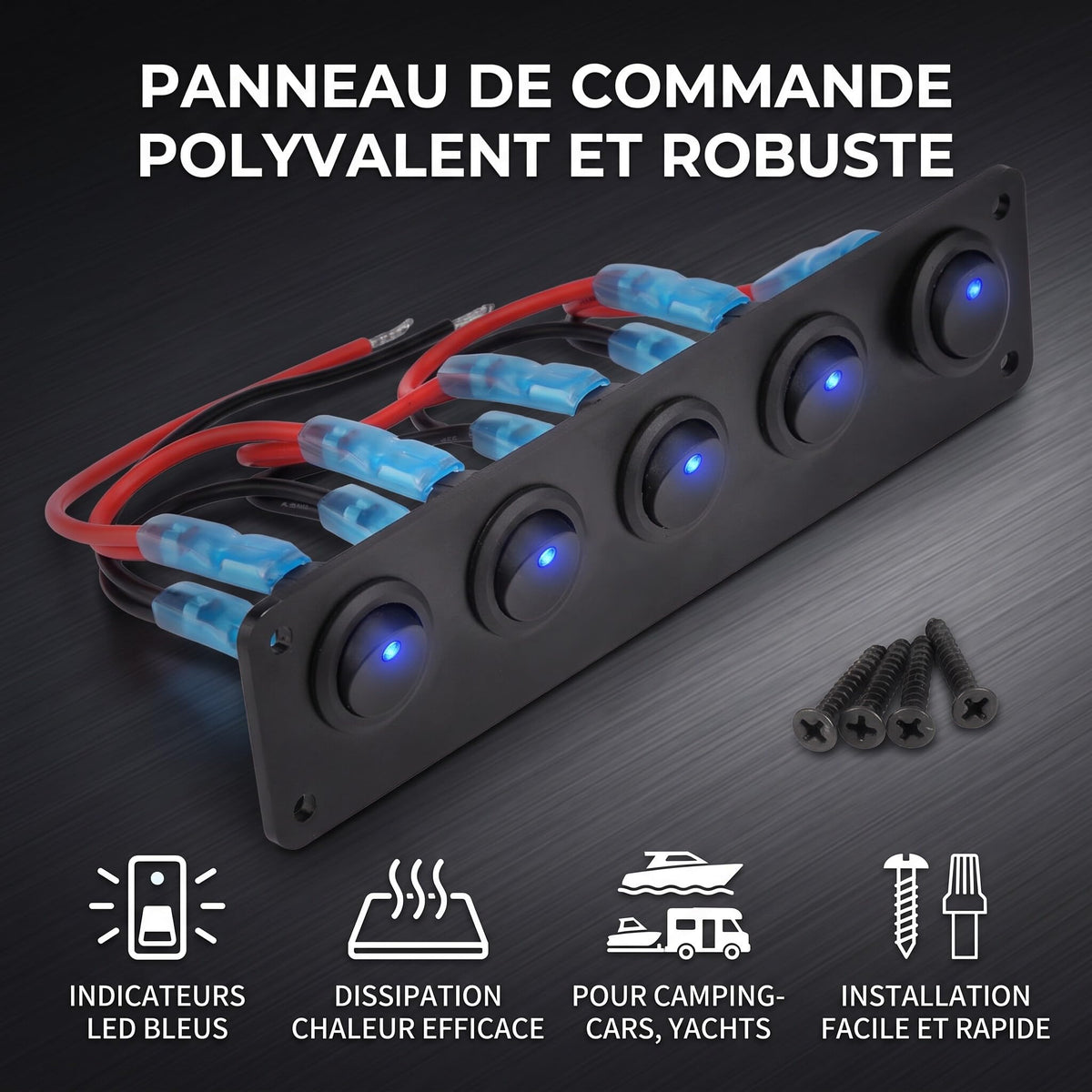 5-Gang Rocker Switch Panel 12–24V Blue LED Waterproof – Car/RV/Boat