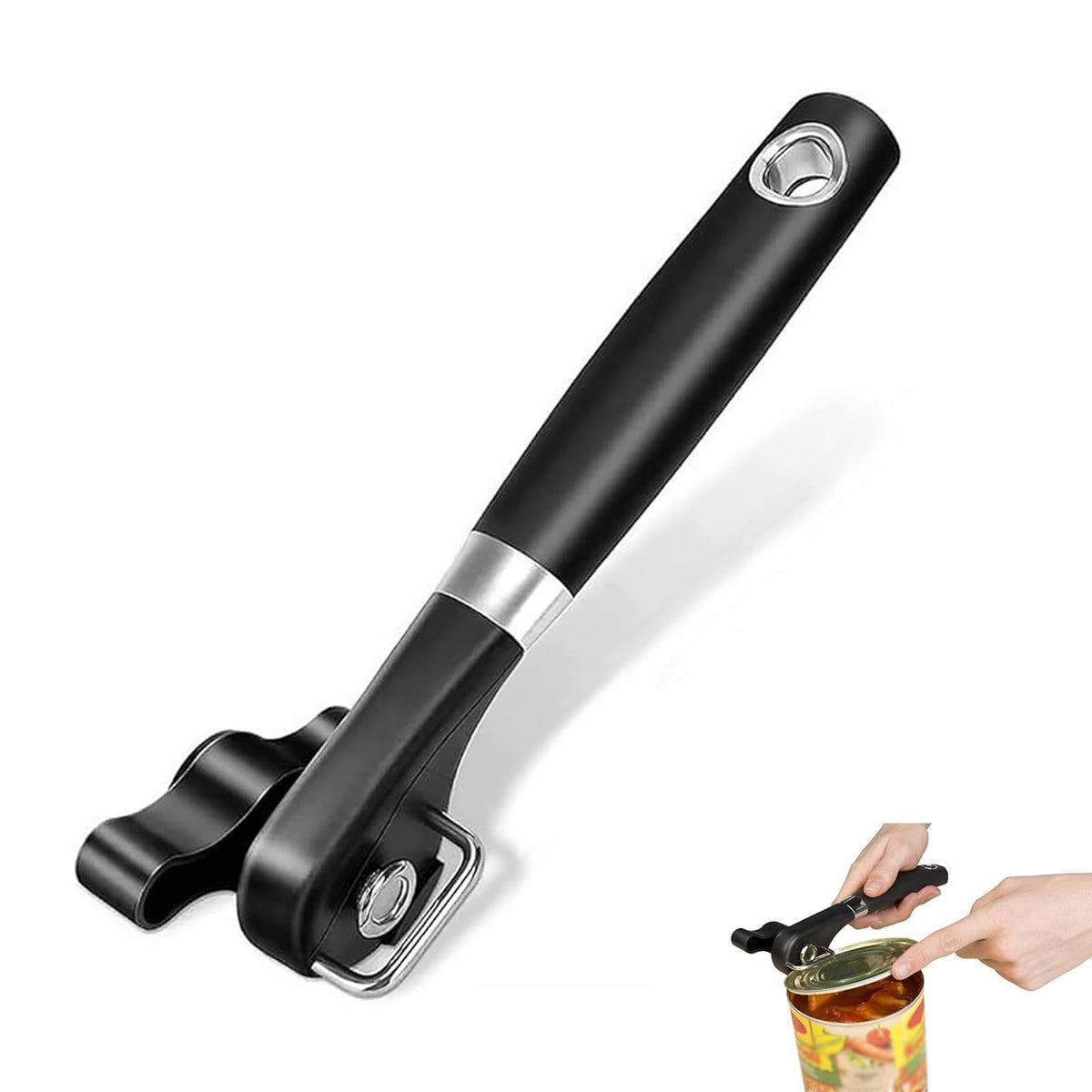 Manual Can Opener Smooth-Edge Stainless Steel Handheld Screw Lid Opener – Black