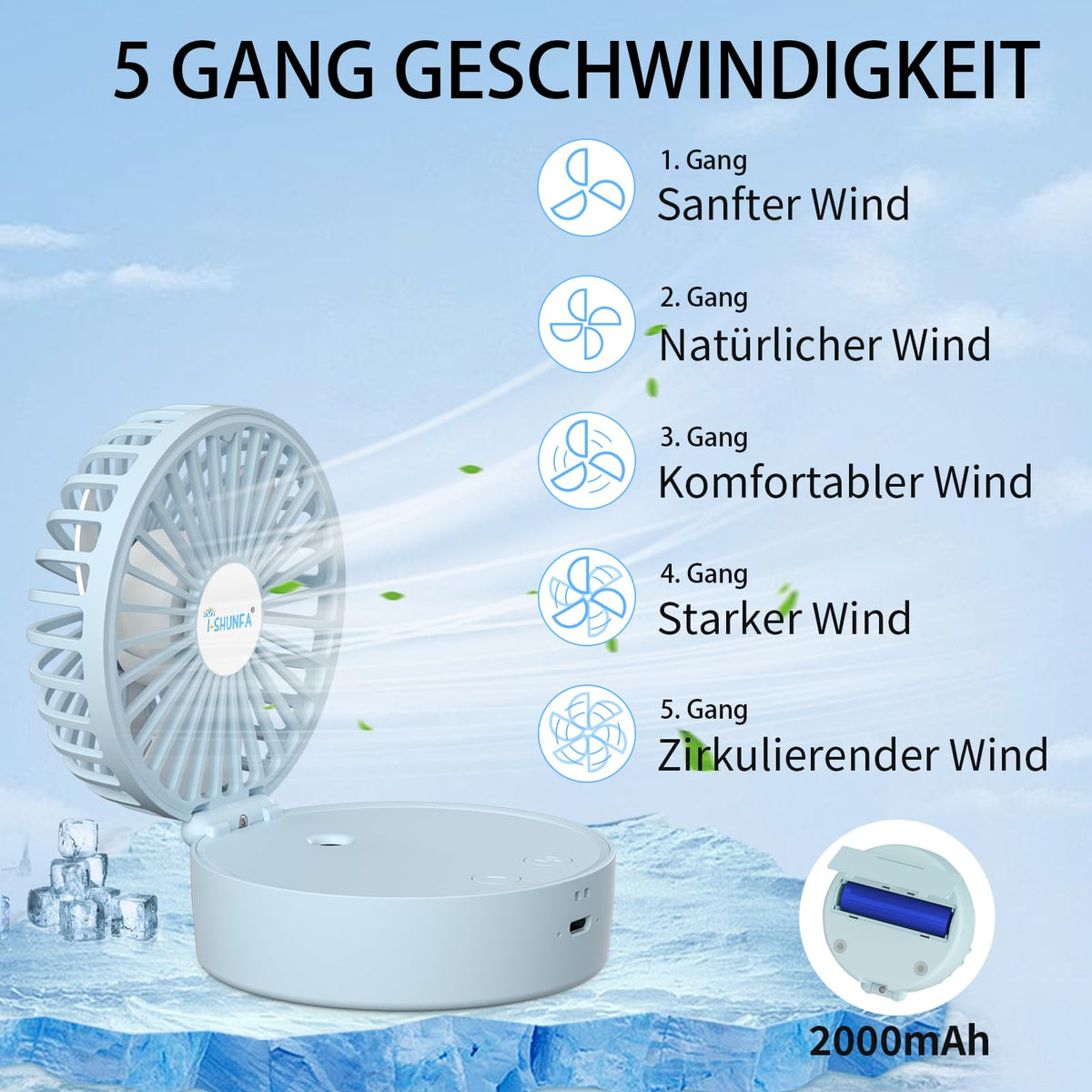 Mini ventilator portabil de mână cu pulverizare vapori de apă răcoritori – Albastru