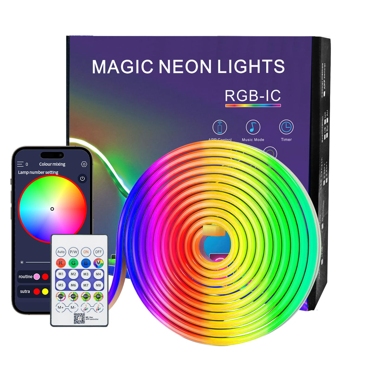 Neon RGB LED Strip USB 5V IP67 Music Sync App & Remote – 2m