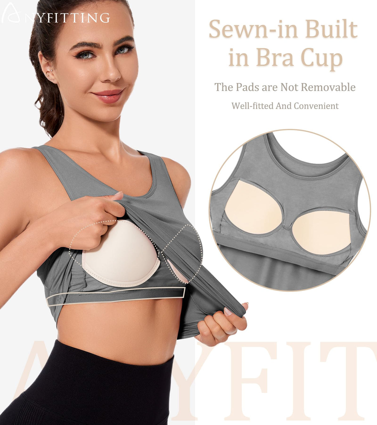 Women's Tank Top with Integrated Bra Wide Straps Built-In Cups - XL