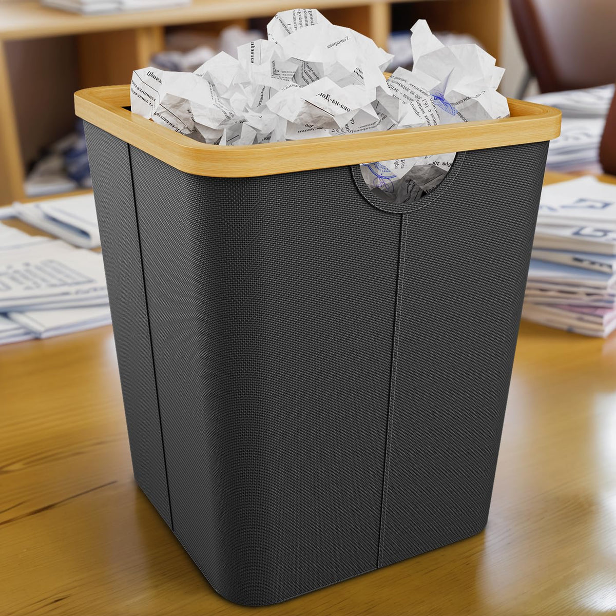 Coș de gunoi pătrat pentru birou și baie din material Oxford cu margine de bambus – Negru