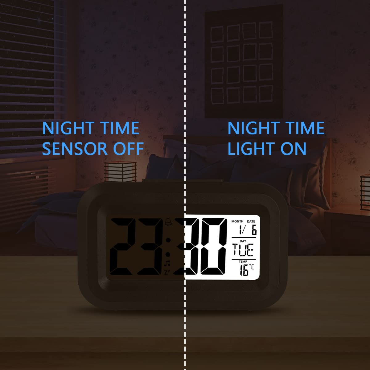 Vicloon Digital Alarm Clock, LCD Display Table Clock with Snooze, 12/24 Hours, Date, Temperature Display, Timer Function, Battery Operated for Bedroom Home Office Travel (Black)