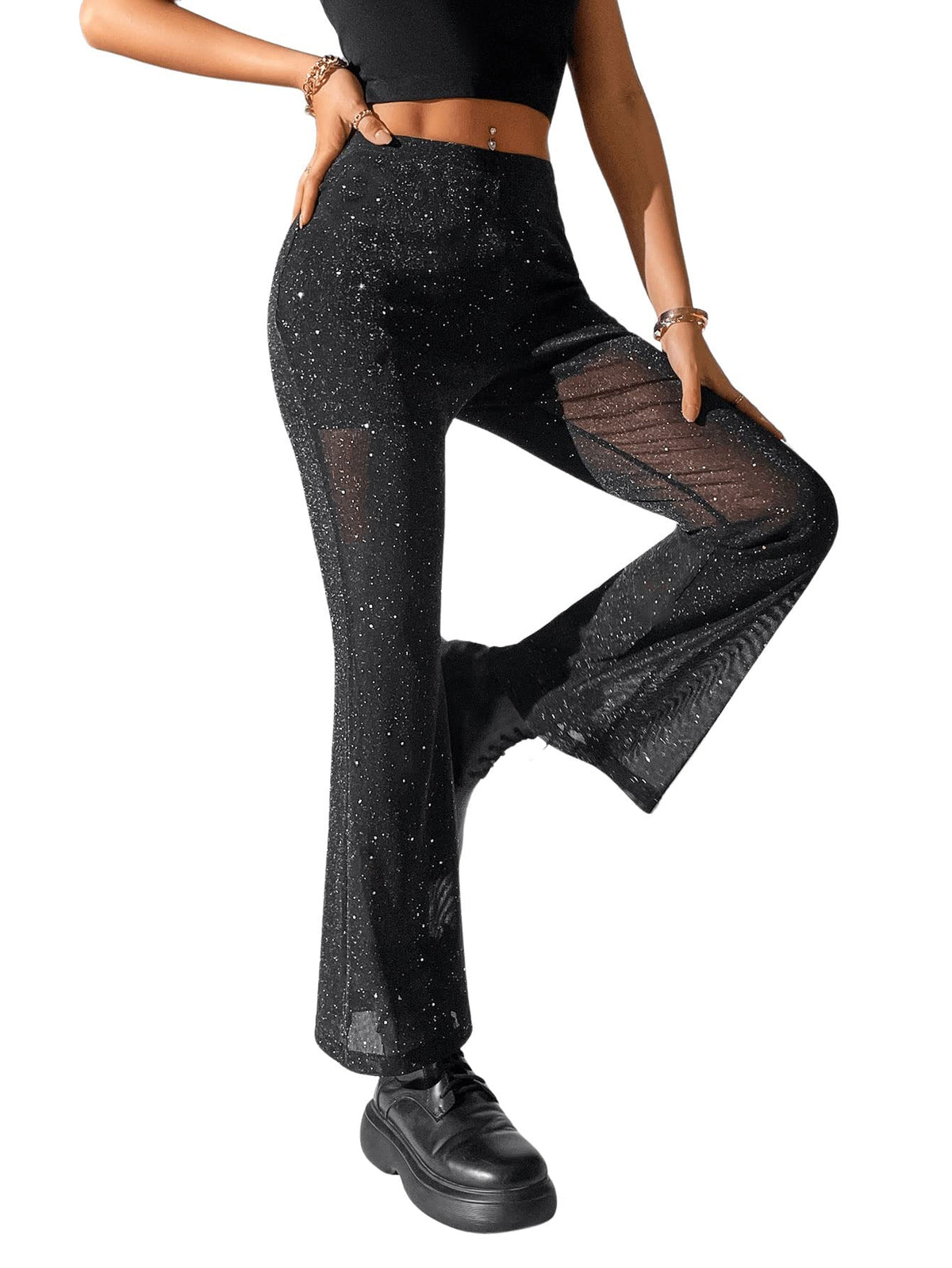 GORGLITTER Mesh Pants Women Transparent Flared Pants With High Waist Glitter Pants Long Party Pants Glitter Flared Pants Black S