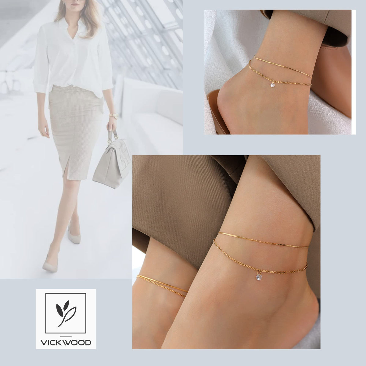Layered Anklet Stainless Steel 18K Gold Plated with Cubic Zirconia Adjustable 20–25cm – Gold