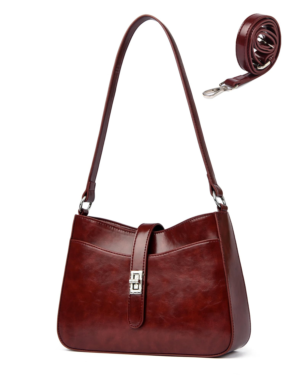 Women's Small PU Leather Shoulder Crossbody Bag Classic Elegant with 2 Straps - Burgundy