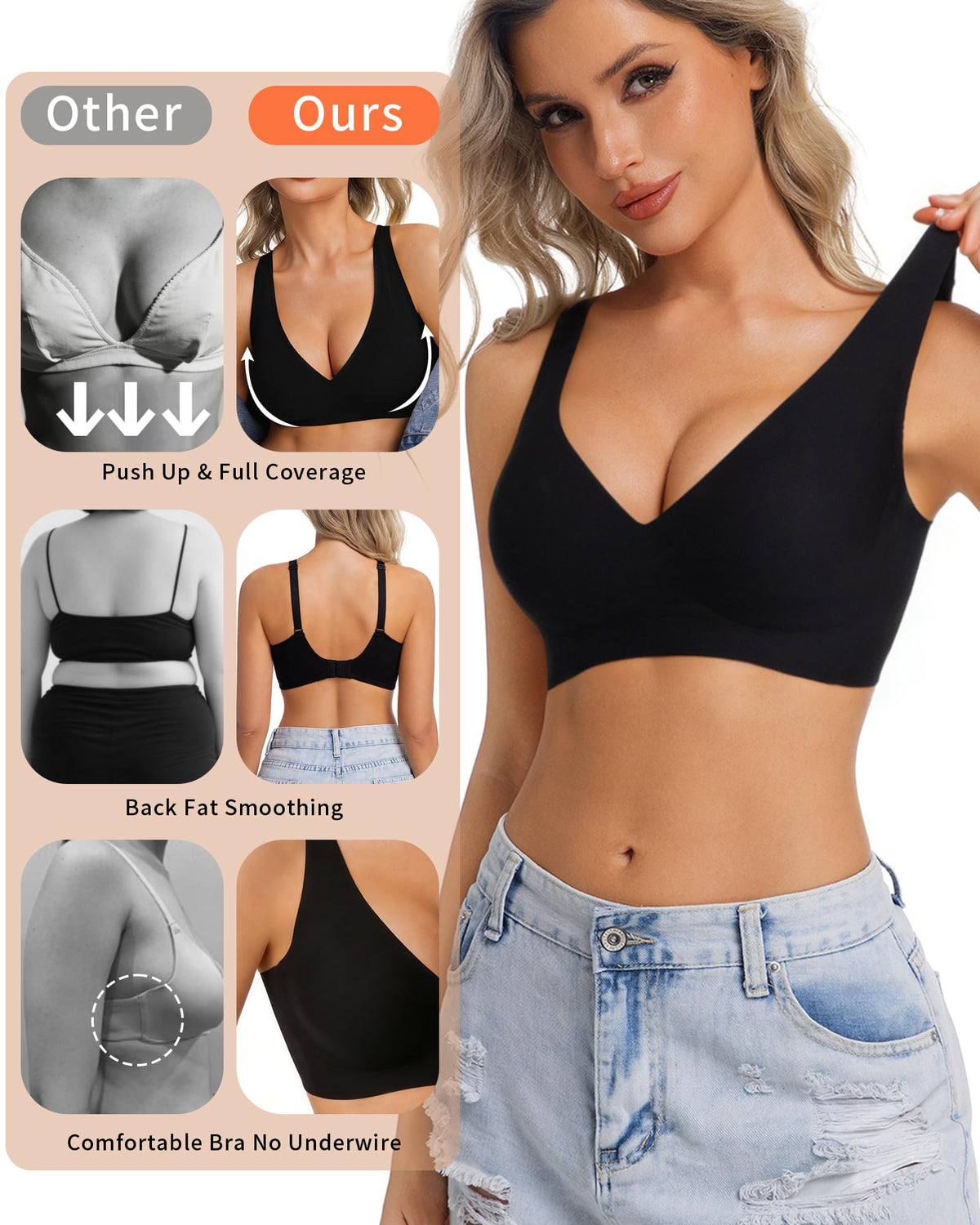 Bustieră sutien invizibil fără armătură cu burete push-up decolteu în V – Negru