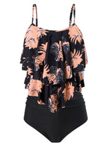 Women's Two-Piece Tankini Swimsuit High-Waist Shorts Double Ruffle Floral – Black S