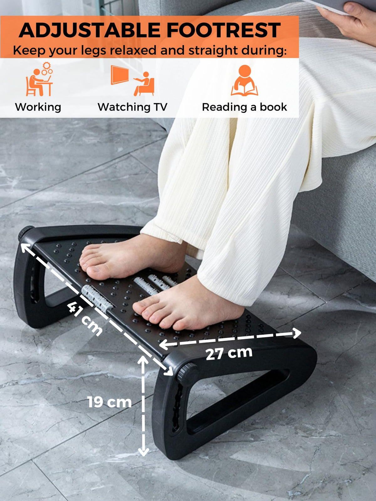 Suport ergonomic reglabil pentru picioare sub birou cu role de masaj și suprafață antiderapantă – Negru