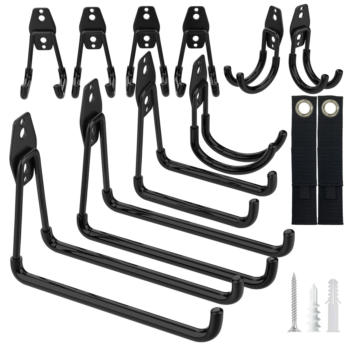 Kitmiido set of 12 wall hooks for garage | Heavy-duty double hooks | Space-saving storage for tools, bicycles, sports equipment (black)