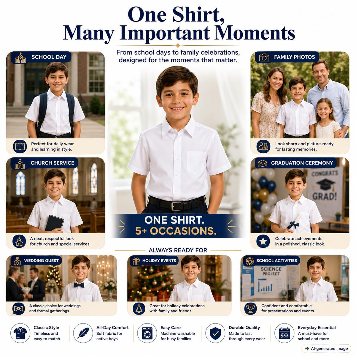 Boys' Dress Shirt 2-Pack Cotton School Uniform Formal – White Size 8